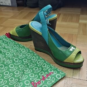 Boden Green, Teal and Yellow Patent Peep-Toe Wedge Sandals